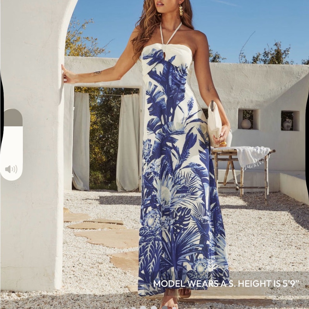 Vici Strapless Blue and White Tropical Maxi Dress